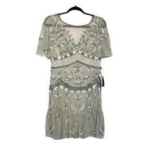 Adrianna Papell Women's Dress Beaded Ruffled‎ Sheer Flutter-Sleeve Boho Sage 6